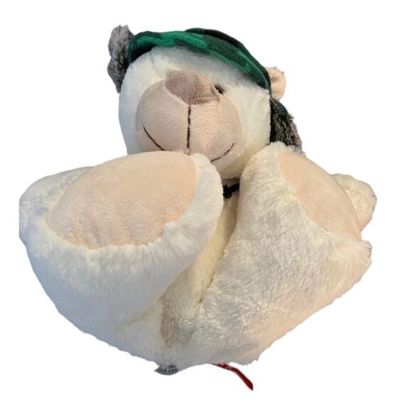 Gitzy White Stuffed Plush Bear Animal Green Buffalo Plaid Winter Hat Ear Flaps - Picture 8 of 8